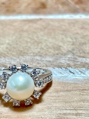 Lustrous Genuine Freshwater Pearl Halo Ring with Cubic Zirconia Accents